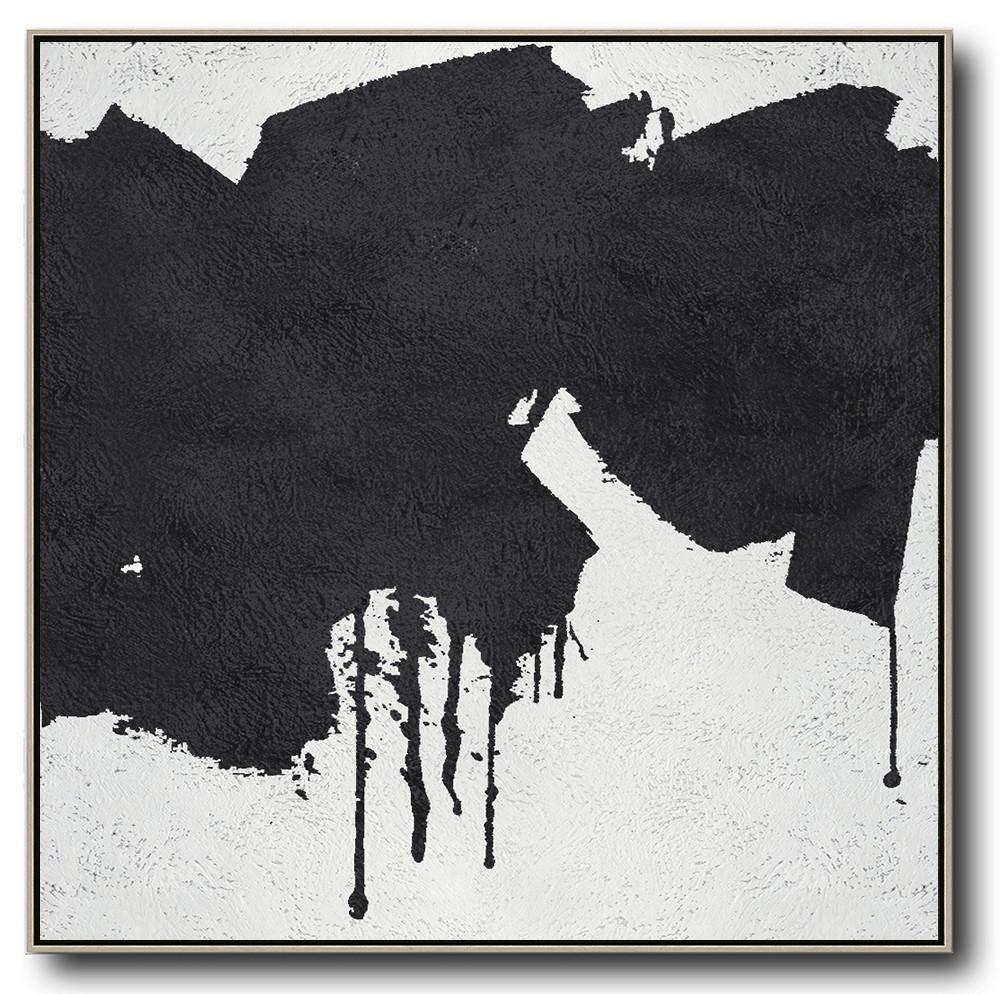 Hand-Painted Oversized Minimal Black And White Painting - Describe Abstract Art Cafe Room Large